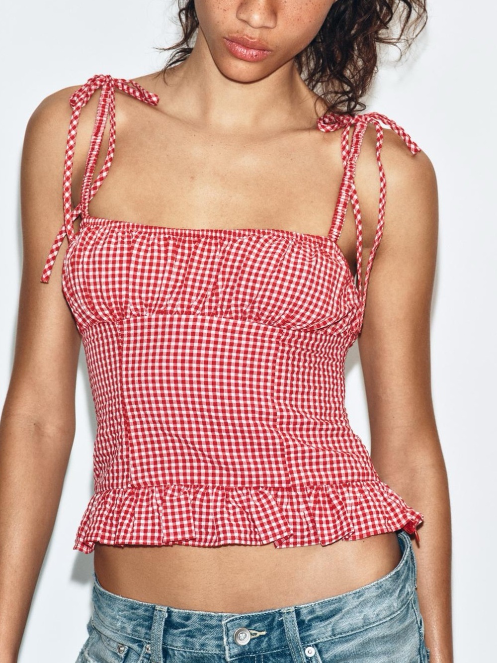 NWT Zara Gingham Ruched Top Red White S